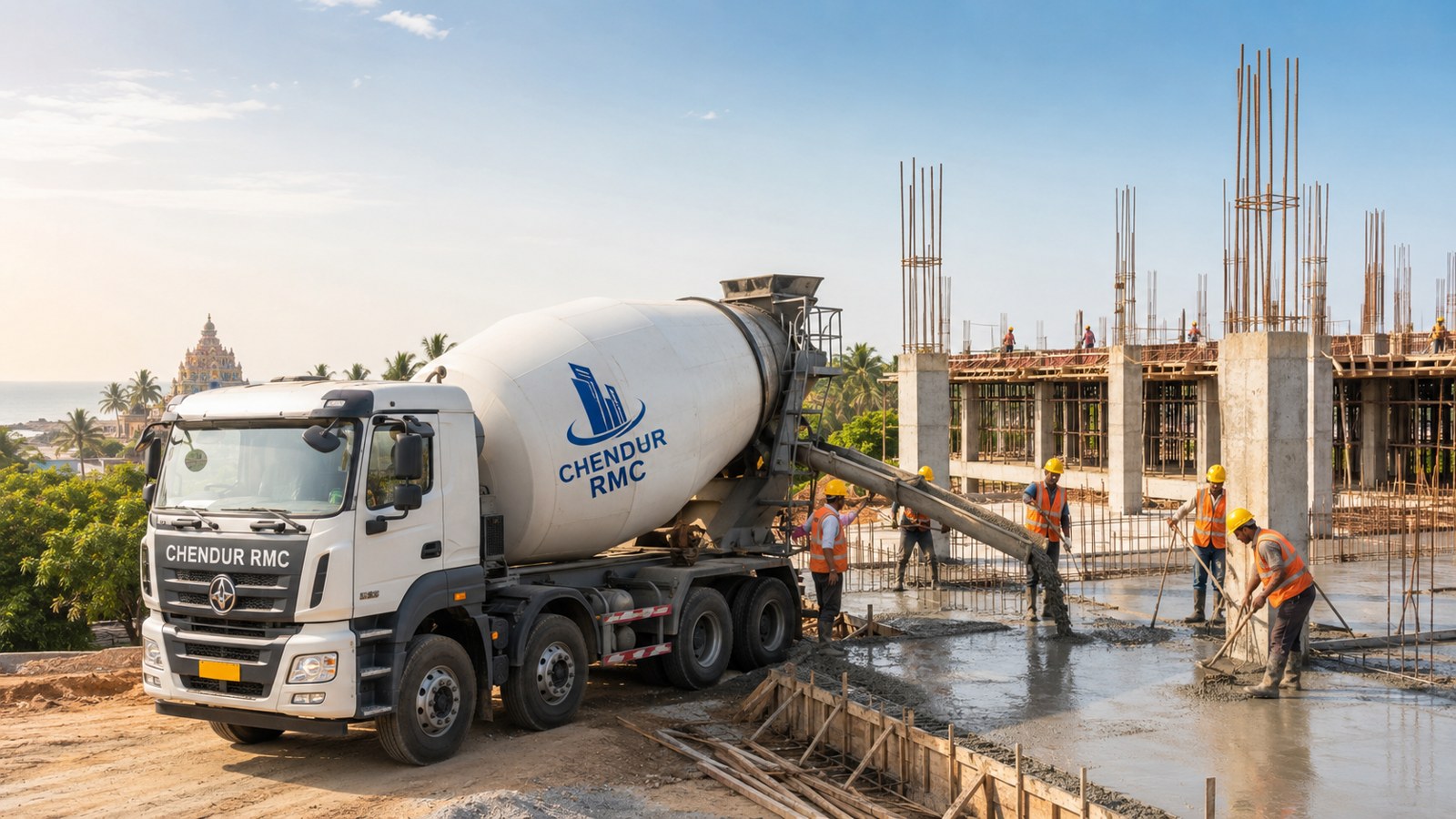 Chendur RMC concrete mixer truck supplying concrete at a construction site